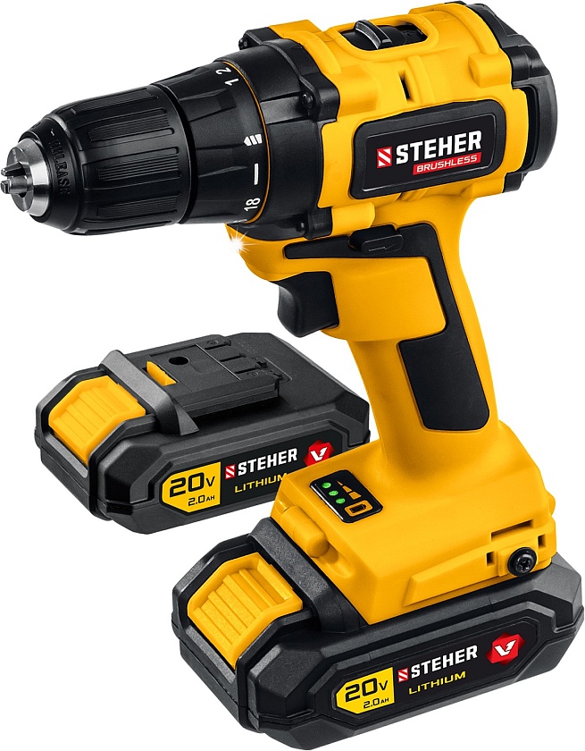 Дрель-шуруповерт STEHER V1, 20 В, 45 Н·м, 2 АКБ (2 А·ч), бесщеточная, кейс (CDB-200-2)